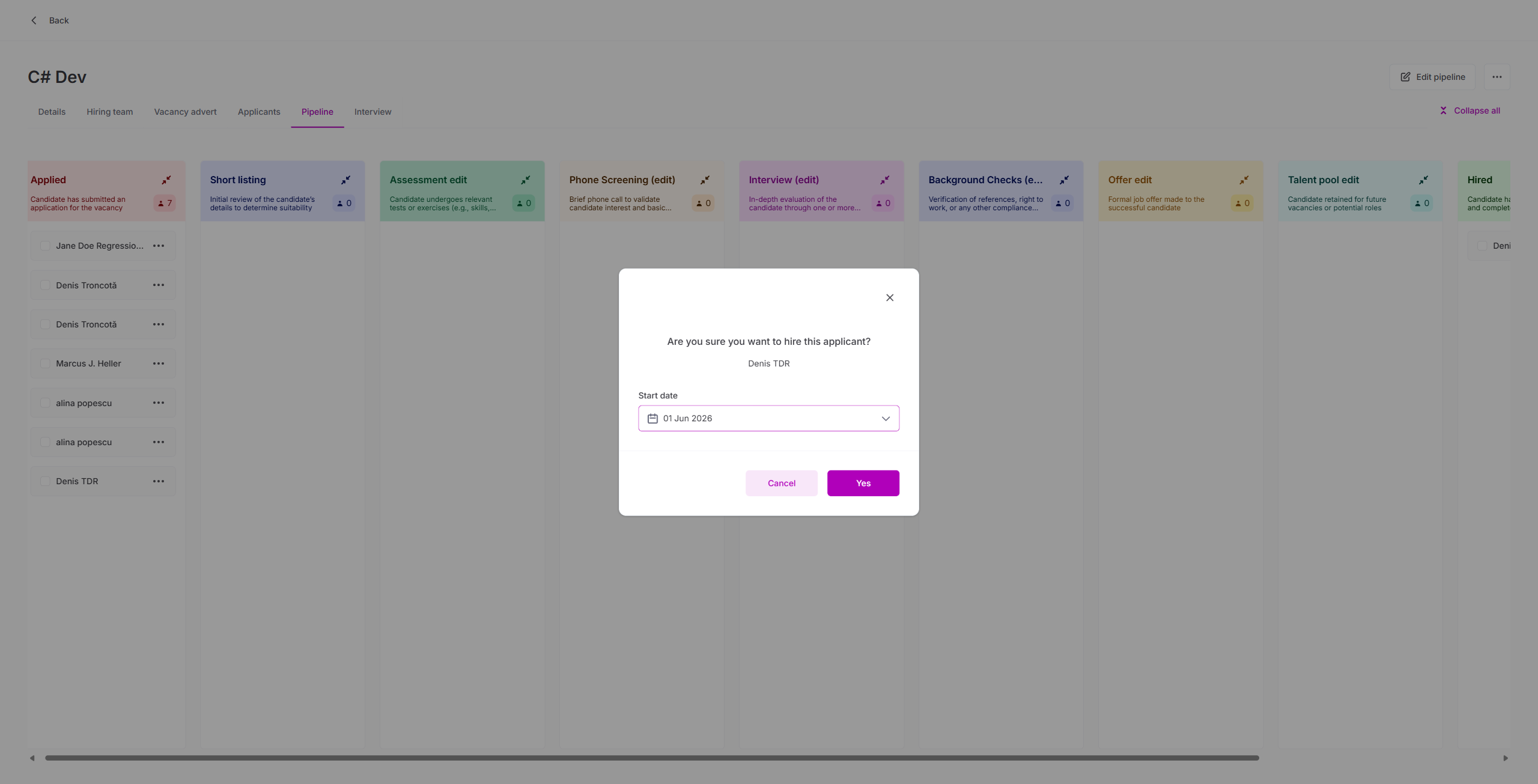 Hire dialog with date picker