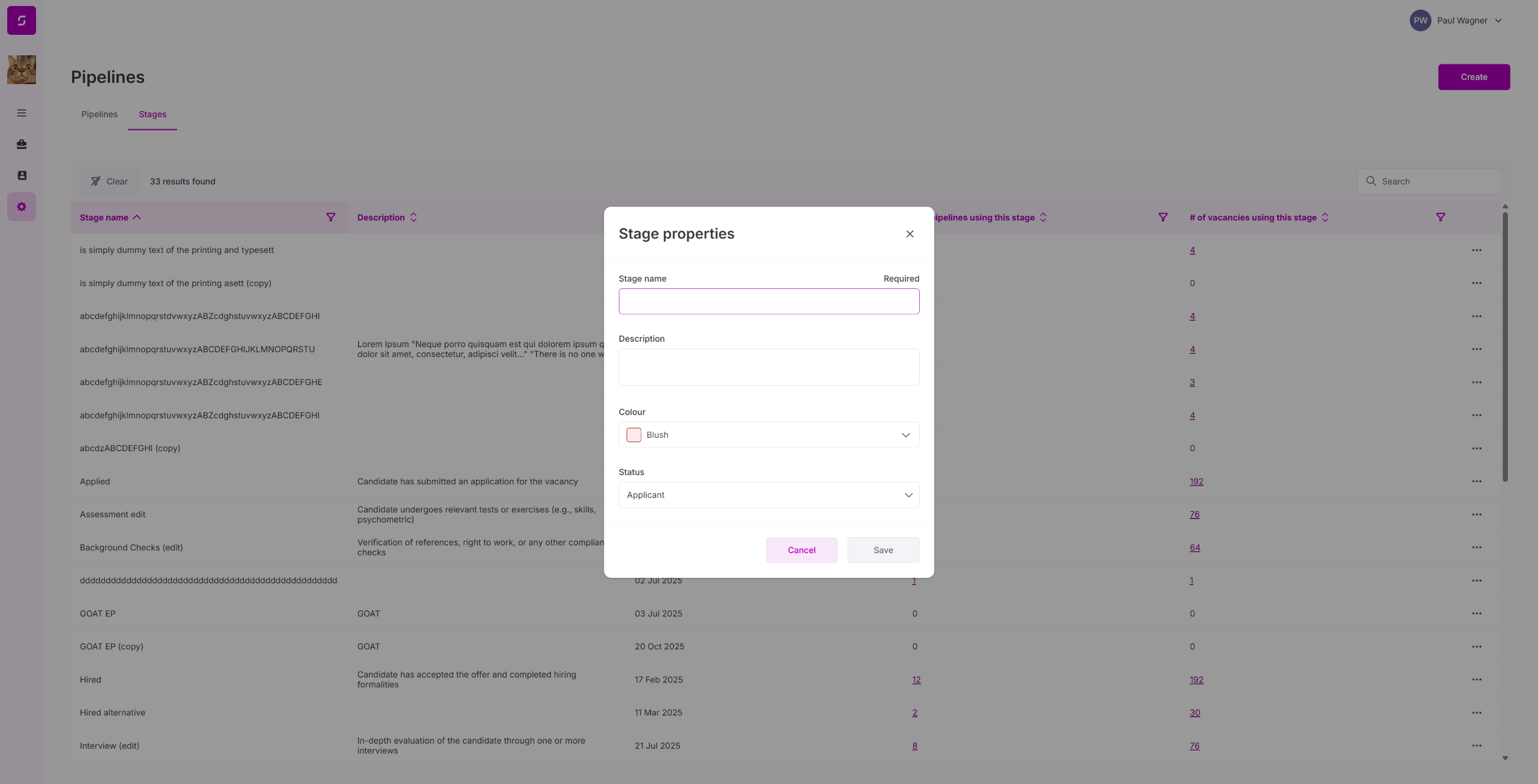 Create stage dialog