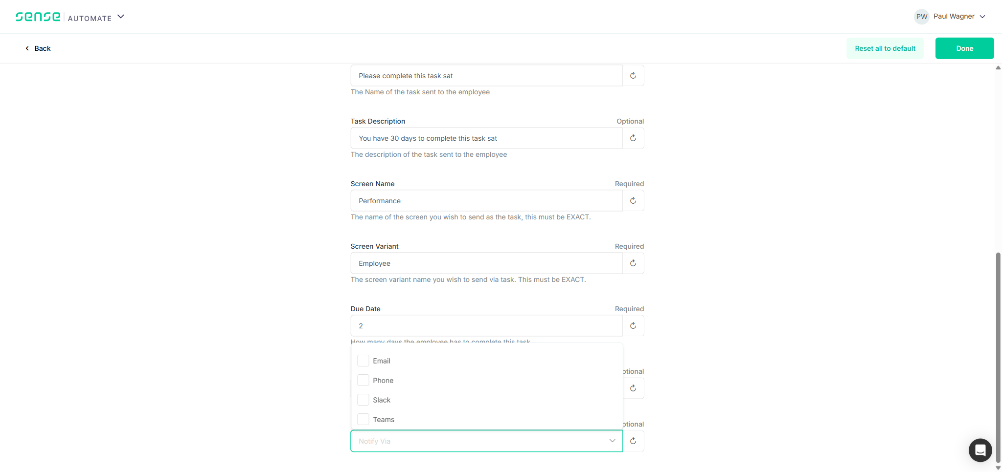 TC1: Notify Via multi-select open — Email / Phone / Slack / Teams checkboxes