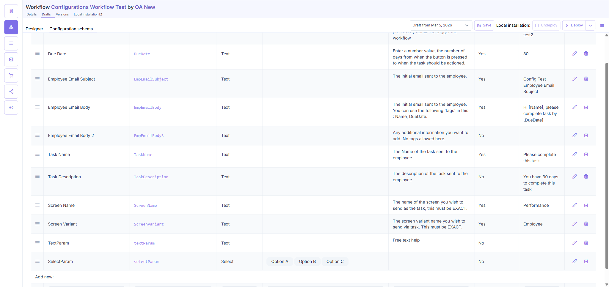 TC1: SelectParam row with Field Type = Select + options