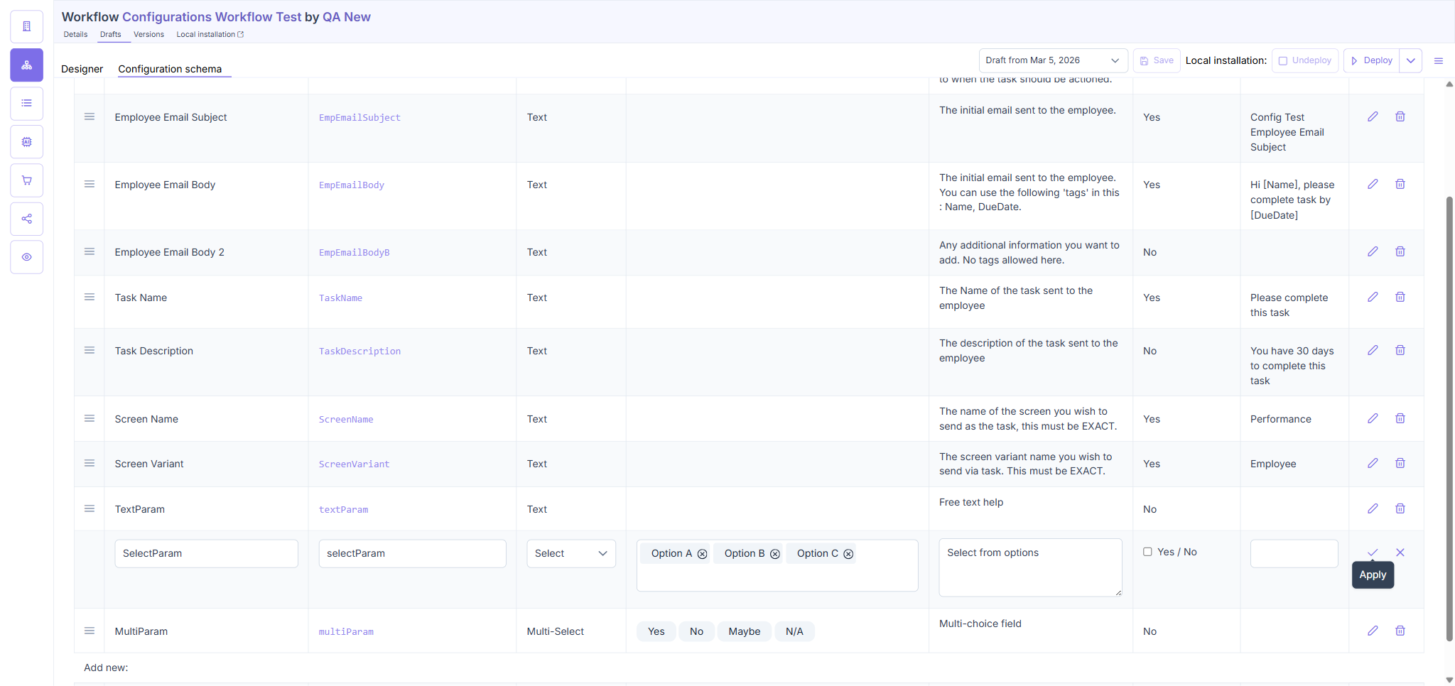 TC2: Editing SelectParam — options editor inline