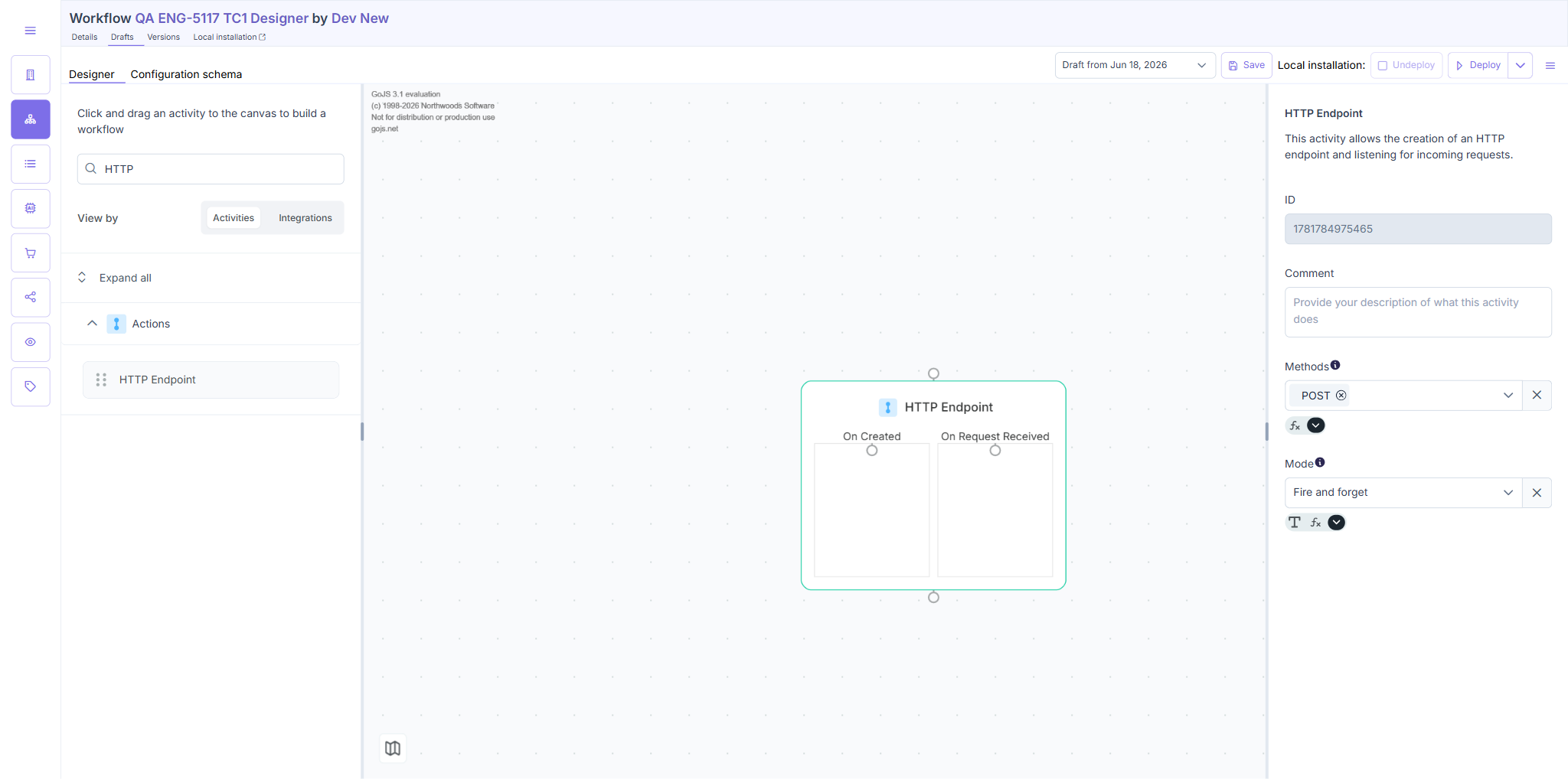 HTTP Endpoint dragged from the Actions group; node on canvas with On Created / On Request Received ports.