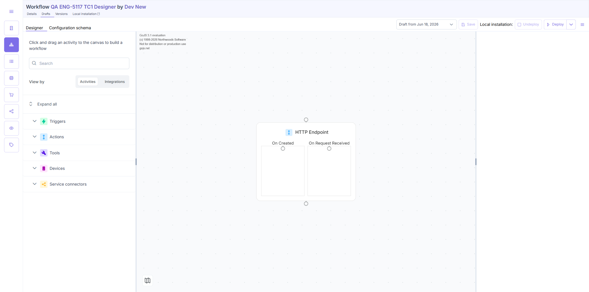 HTTP Endpoint node persisted on the canvas after save + reload.