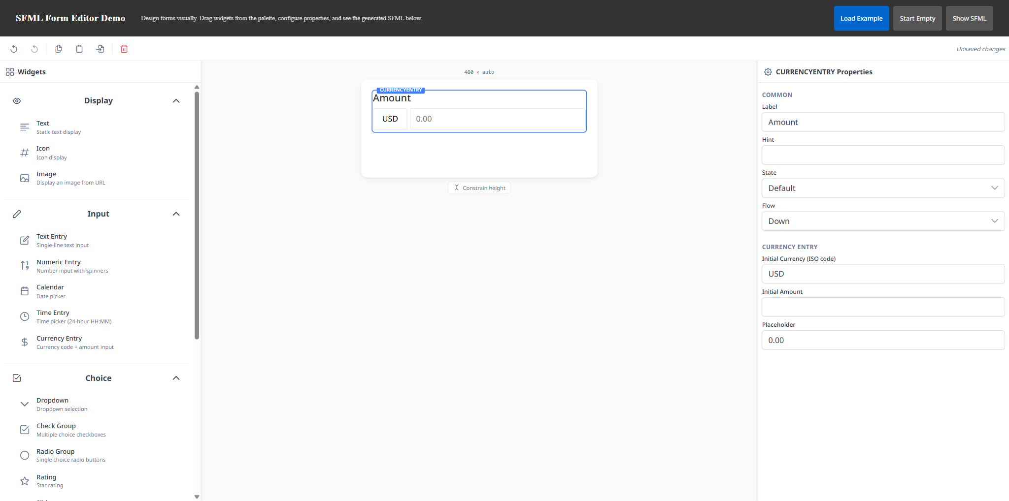 TC6 step 3: Currency Entry dropped on the editor canvas, seeded Amount / USD / 0.00.